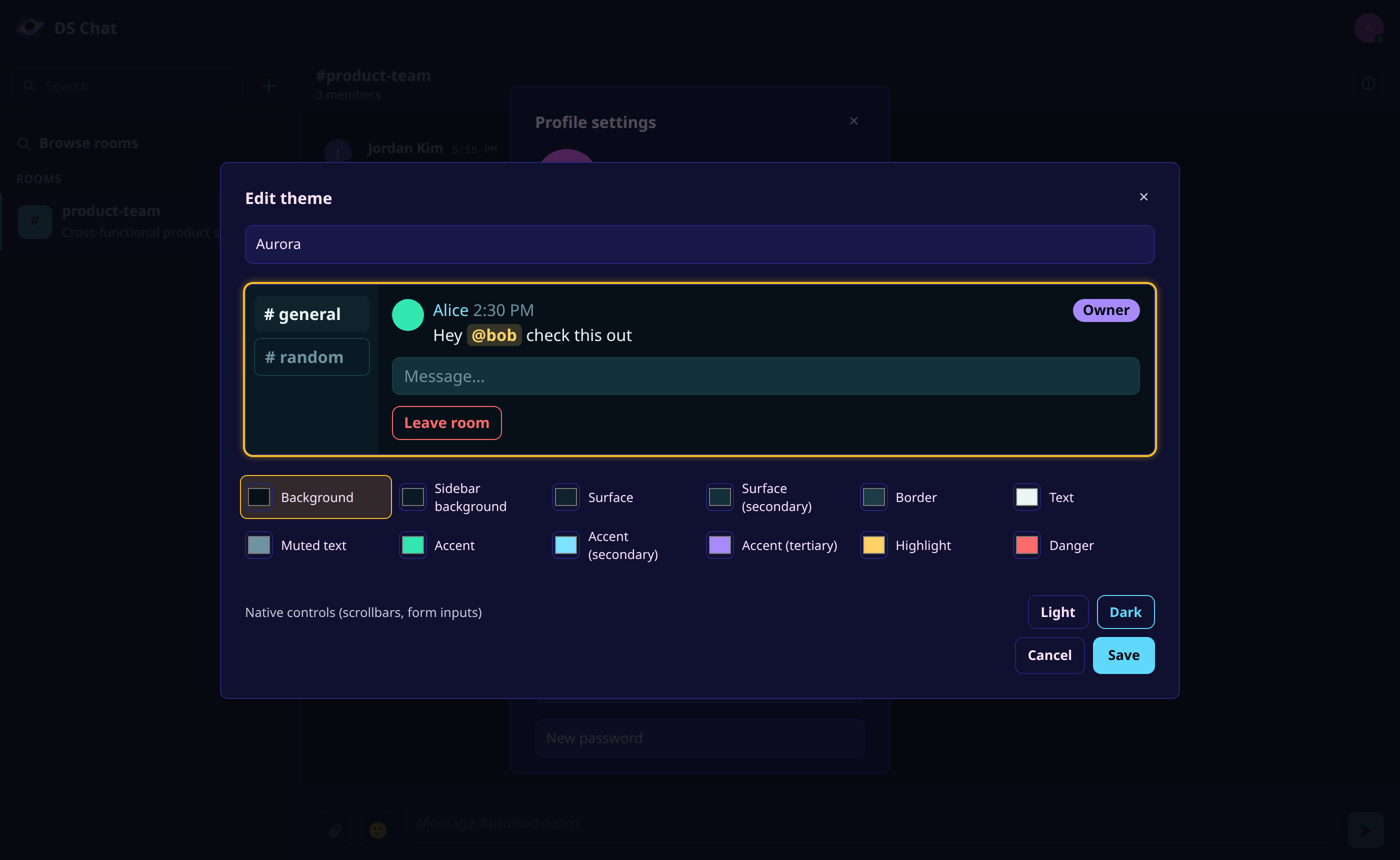 The custom theme builder: a live, hoverable mockup mapped to 12 color fields