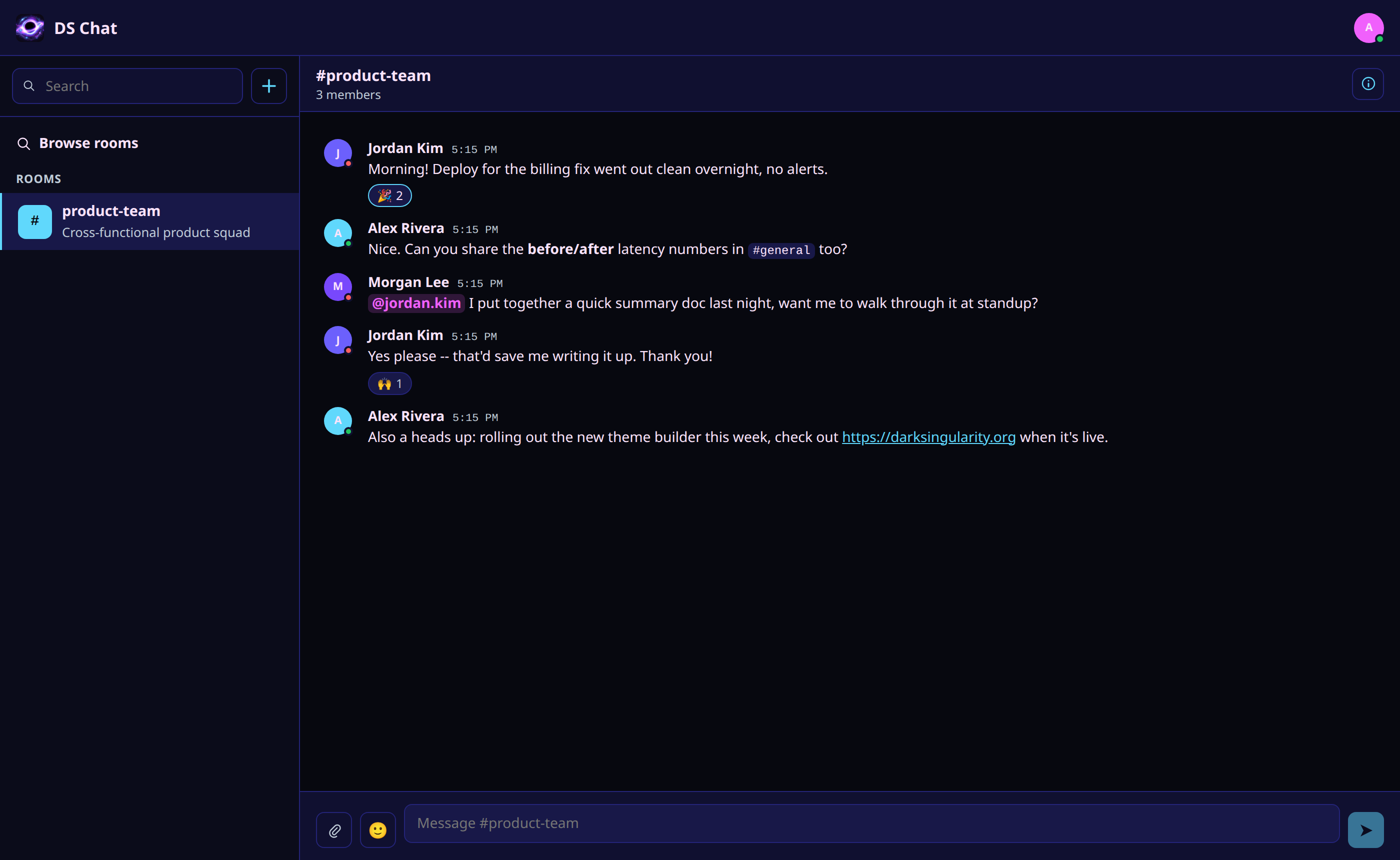 DS Chat main view: a room with Markdown formatting, an @mention, and emoji reactions